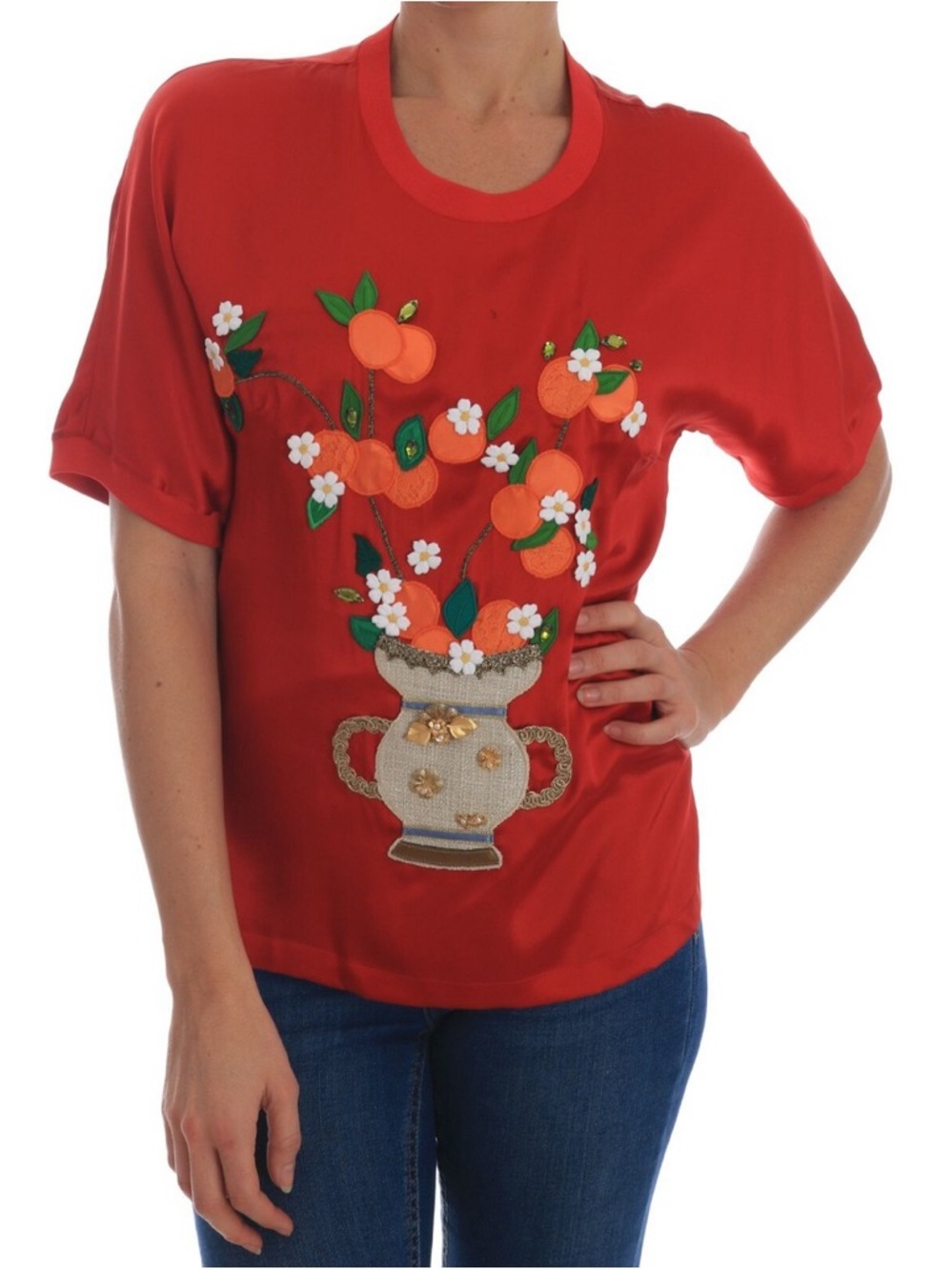 Dolce & Gabbana Red Short-Sleeve Embroidered Fruit Bouquet Top